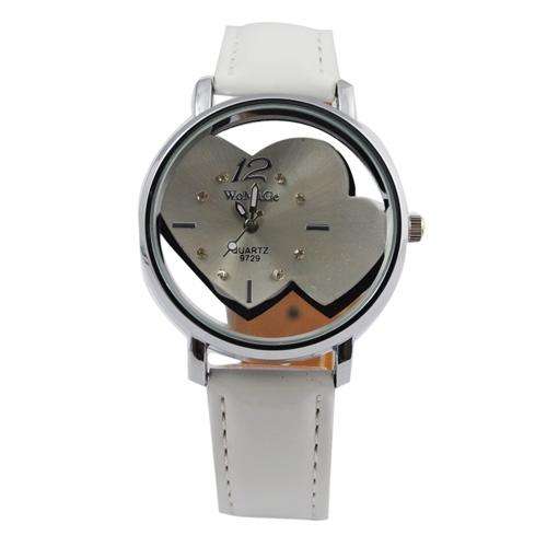 Elegant Heart Shaped Rhinestone Quartz Clear Wrist Leather Watch White