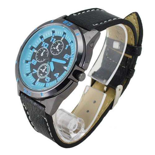 Stylish PU Leather Band Quartz Movement  Wrist Watch Black + Blue