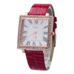 A-299 Rhinestone Quartz Watch with Square Dial PU Leather Band-Red band