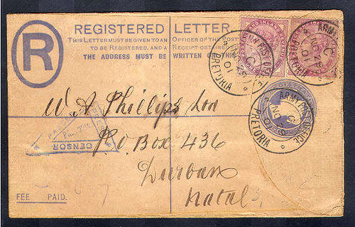 BOER WAR 1901 ARMY POST OFFICE PRETORIA TO NATAL PASSED BY CENSOR