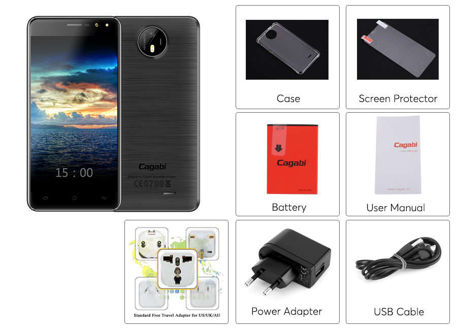Cagabi One Android Smartphone - 720P 5 Inch Display, Dual SIM, Quad Core CPU, 8MP Camera, 3G (Black)