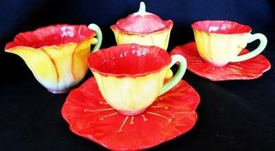 Flower Shaped Tea Set  two cups with saucers,  jug and sugar basin