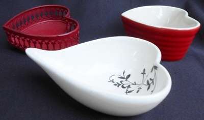 3 small white and red decorative heart shaped containers or sweet dishes