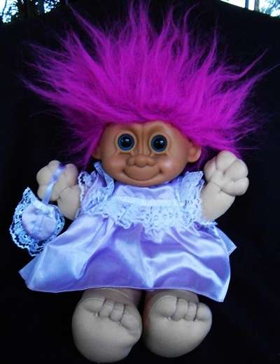 Troll Little Girl Soft Doll  Hot Pink Hair Purple Dress Blue Eyes  by Russ