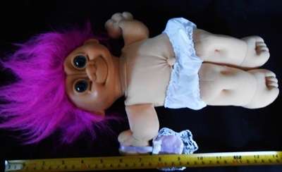Troll Little Girl Soft Doll  Hot Pink Hair Purple Dress Blue Eyes  by Russ