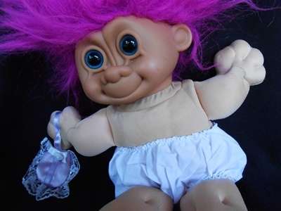 Troll Little Girl Soft Doll  Hot Pink Hair Purple Dress Blue Eyes  by Russ