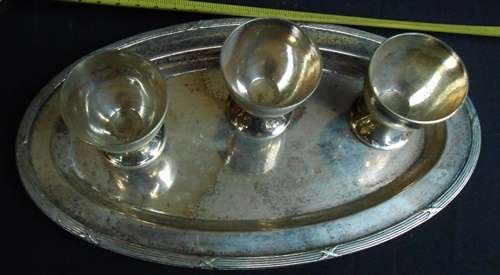 Silverplate small oval tray with 3 egg cups