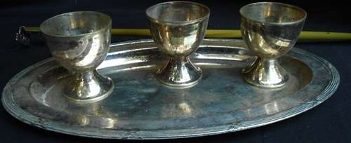 Silverplate small oval tray with 3 egg cups