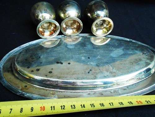 Silverplate small oval tray with 3 egg cups