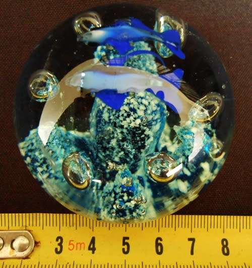 glass paperweight with blue fishes swimming over blue coral