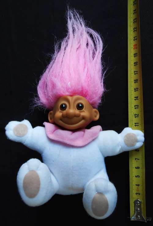 small collectable soft bodied troll doll with pink hair made by Russ