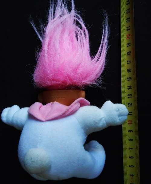 small collectable soft bodied troll doll with pink hair made by Russ