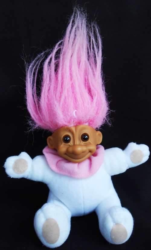 small collectable soft bodied troll doll with pink hair made by Russ
