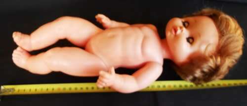 Vintage Famosa 13" Baby Girl Doll brunette Blue Eyes Yellow Outfit made in Spain