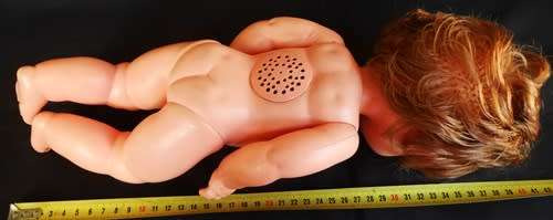 Vintage Famosa 13" Baby Girl Doll brunette Blue Eyes Yellow Outfit made in Spain