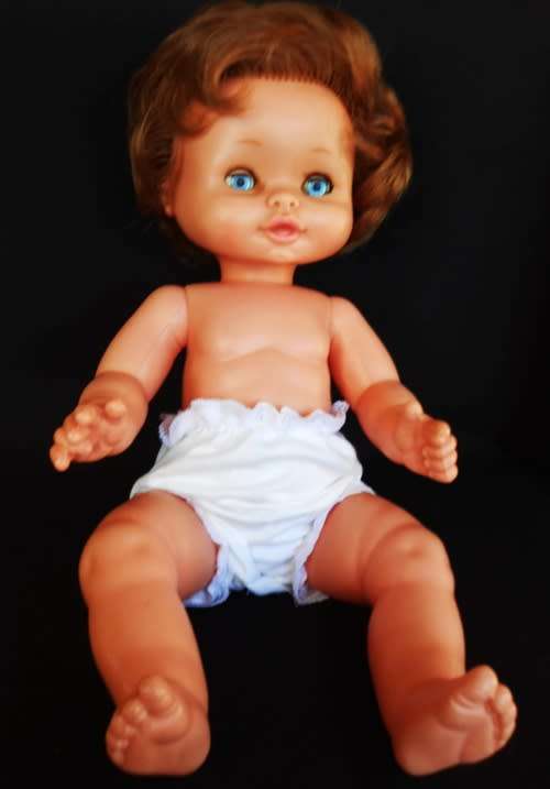 Vintage Famosa 13" Baby Girl Doll brunette Blue Eyes Yellow Outfit made in Spain