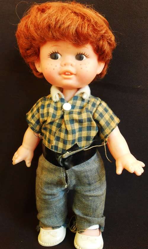 Vintage hard plastic and vinyl boy doll in original clothes made in Hong Kong