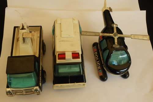1970 s Buddy L Police Van,  Police Tow Truck and Police Helicopter set made in Japan