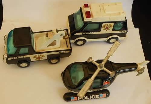 1970 s Buddy L Police Van,  Police Tow Truck and Police Helicopter set made in Japan