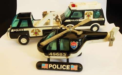 1970 s Buddy L Police Van,  Police Tow Truck and Police Helicopter set made in Japan