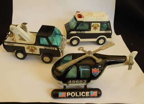 1970 s Buddy L Police Van,  Police Tow Truck and Police Helicopter set made in Japan