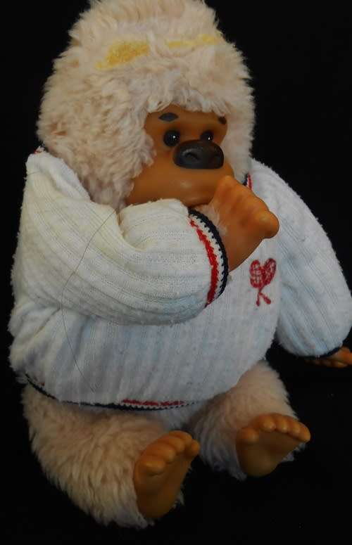 Collectable vintage monchichi chimpanzee toy in tennis outfit by Russ