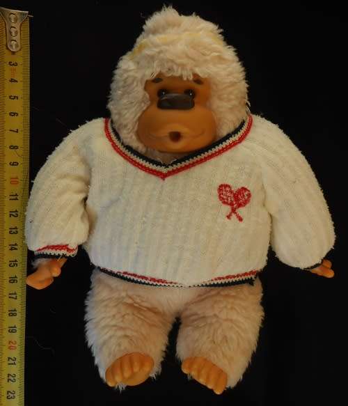 Collectable vintage monchichi chimpanzee toy in tennis outfit by Russ