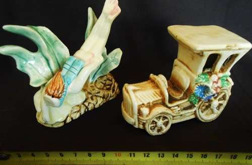Vintage Fish tank Aquarium porcelain decorations, diver and old car.