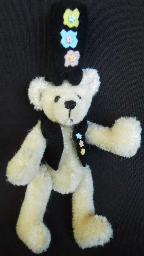 Small Handmade Collectable Mohair Teddy with top hat and waistcoat.