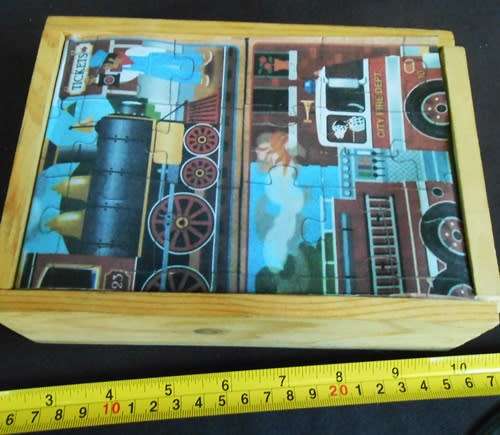 Set of four wooden jigsaw puzzles 12 pieces each in a handy storage box like new
