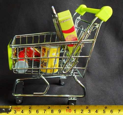 Miniature Shopping Trolley green plastic and metal with groceries