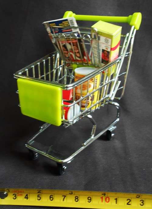Miniature Shopping Trolley green plastic and metal with groceries