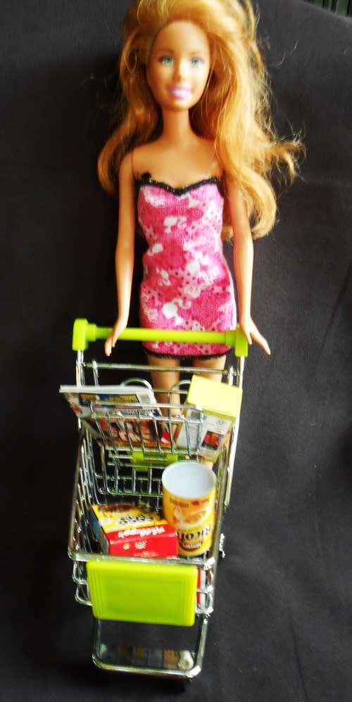 Miniature Shopping Trolley green plastic and metal with groceries