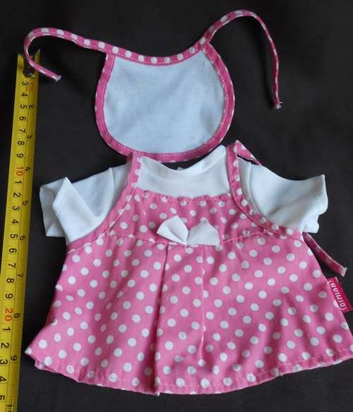Pink polkadot dress with matching bib  made for Dimian doll