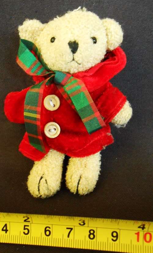 collectable Small Teddy Bear in a red velvet coat made in England by Storm International