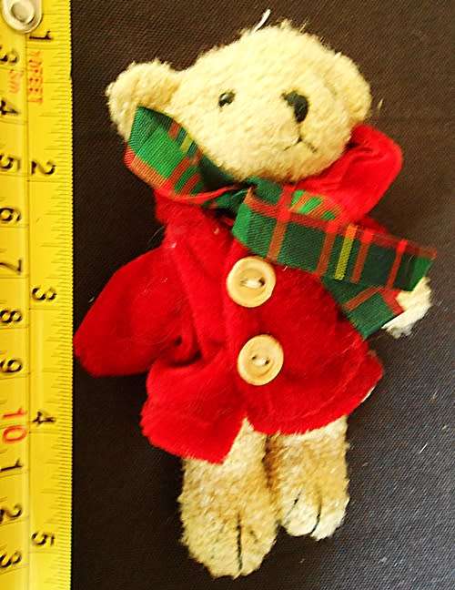 collectable Small Teddy Bear in a red velvet coat made in England by Storm International