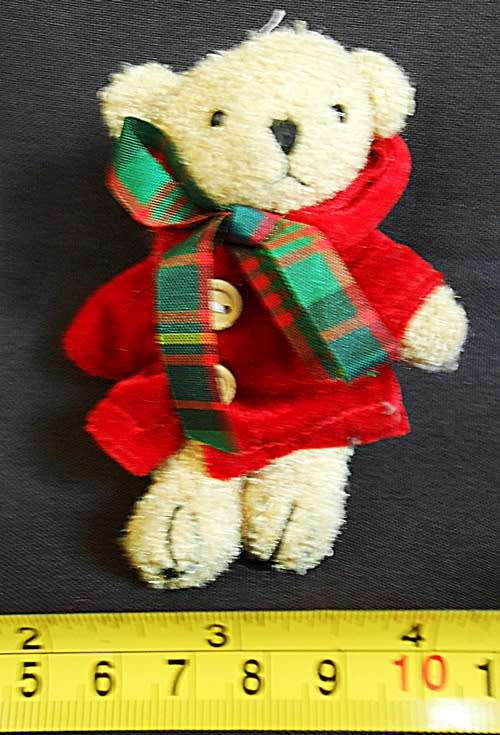 collectable Small Teddy Bear in a red velvet coat made in England by Storm International