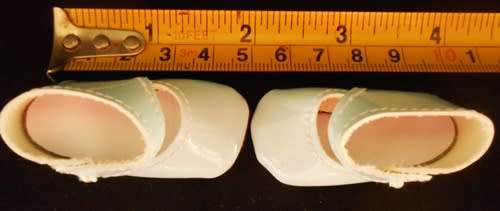 Shoes for small doll,Light Blue with tiny pearl button fastener length of sole on outside 5 cm