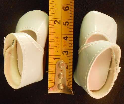 Shoes for small doll,Light Blue with tiny pearl button fastener length of sole on outside 5 cm