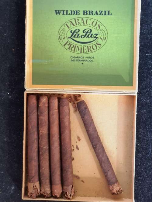 Old Cigar Box with Cigars. Some graffiti on the back