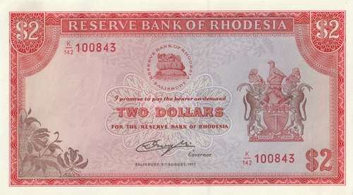 Rhodesia $2 Banknote dated 1977 in Pristine Uncirculated Condition