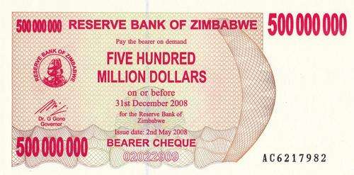 Zim $500 Mil Bearer Cheque UNC. 31 Dec 2008. Bid per note.