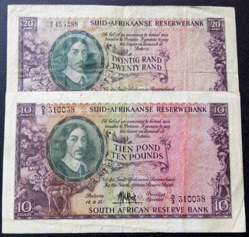 Ten Pounds MH de Kock 1955 and Rissik R20 D2 Banknotes in good condition look! one bid for 2 notes!