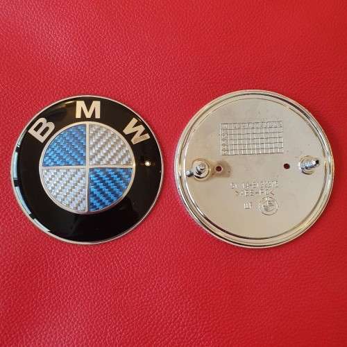 BMW Blue True Carbon Fibre Bonnet/Boot Emblem Badge Decal, 82mm and 74mm, R130 each