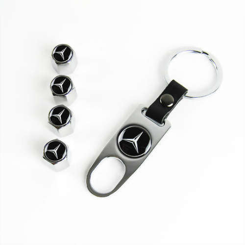 Mercedes Benz Star Chrome Tyre Valve Metal Caps and Keychain Set, R100