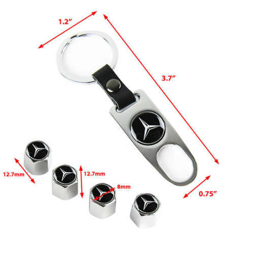Mercedes Benz Star Chrome Tyre Valve Metal Caps and Keychain Set, R100