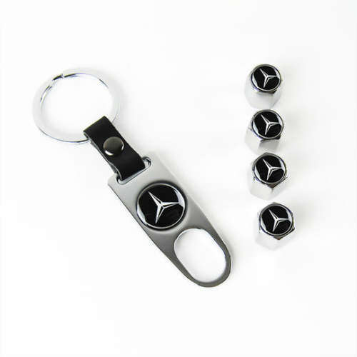 Mercedes Benz Star Chrome Tyre Valve Metal Caps and Keychain Set, R100