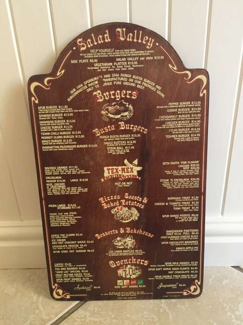 SPUR STEAK RANCHES MENU South Africa NAVAHO SPUR R11.95 BURGER late 1980s/early 1990s