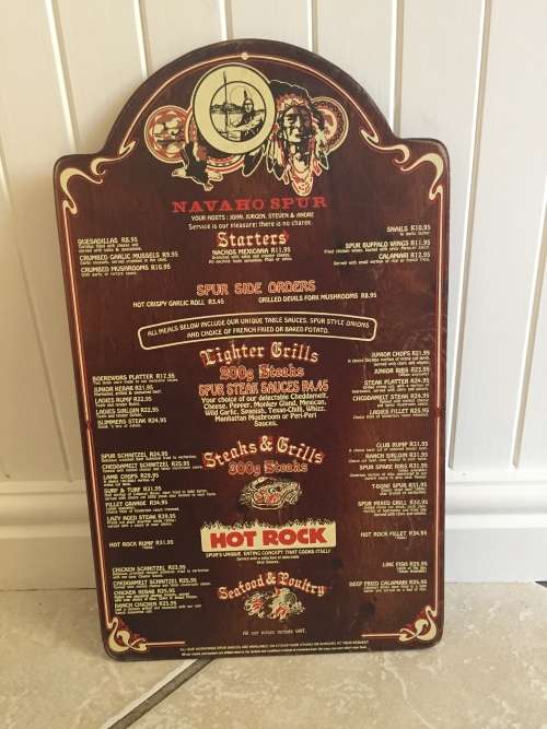 SPUR STEAK RANCHES MENU South Africa NAVAHO SPUR R11.95 BURGER late 1980s/early 1990s