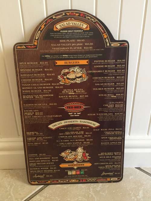 SPUR STEAK RANCHES MENU South Africa NAVAHO SPUR R12.95 BURGER early 1990s